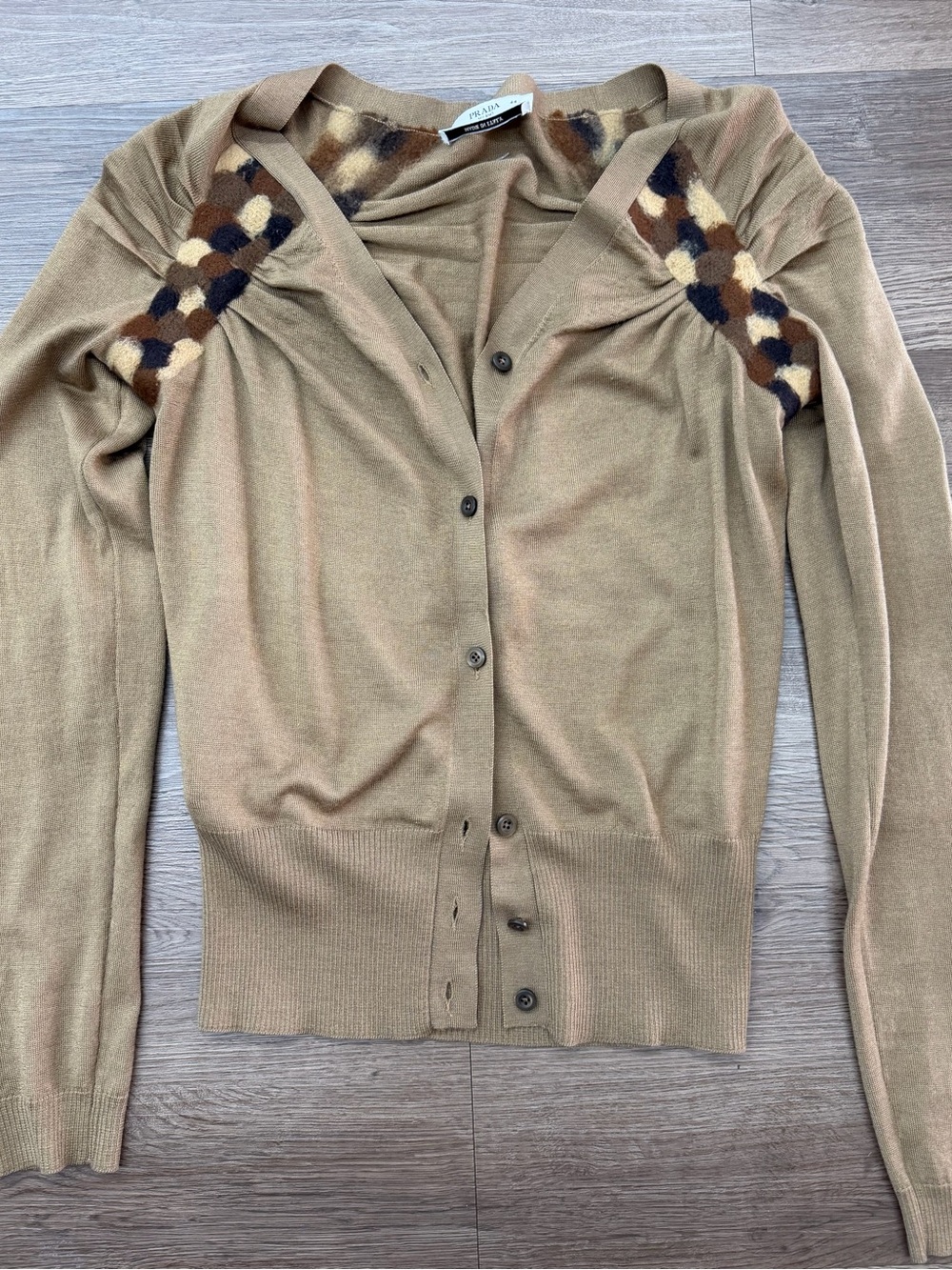 Prada Camel Wool Knit Button-Front Cardigan with Multicolor Shoulder Accents Sz